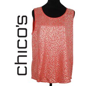 Chico's Sleeveless Orange Crewneck Shirt with Metallic Gold Print Size 2